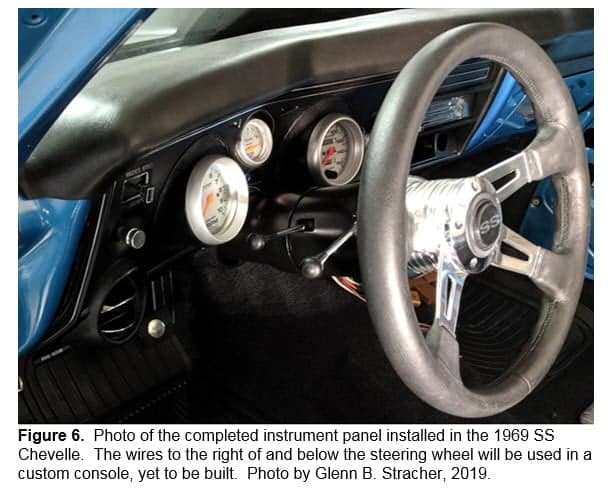 Caption says, " Figure 6. Photo of the completed instrument panel installed in the 1969 SS Chevelle. The wires to the right of and below the steering wheel will be used in a custom console, yet to be built. Photo by Glenn B. Stacher, 2019.