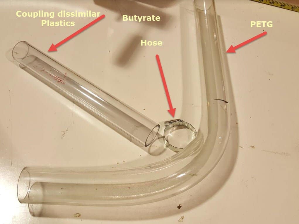 An image with captions illustrating the practice of coupling tubing made from different plastic types. A provista bend and a butyrate tube site on a white table