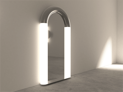 Two illuminated, white LED tubes joined by a curved stainless steel arch forming a frame around a mirror.