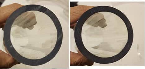 Before and after flame polishing the cut edge of a tube. The "after" photo on the right shows a smoother surface.