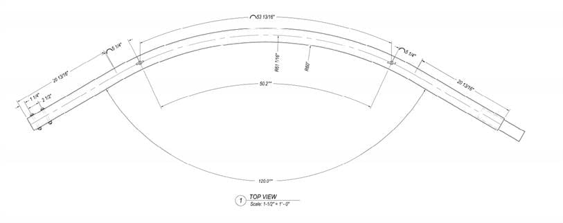 A design plan of the bend with markings and measurements