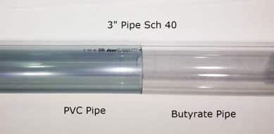 Clear PVC pipe and butyrate pipe side by side to show the difference in clarity and transparency