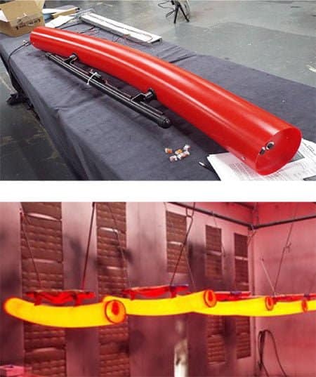 Top image shows a finished fire bend painted red and fitted with metal handle with battery back and controls. In the bottom image, a series of fire bends hang from the ceiling and glow bright red like hot metal.