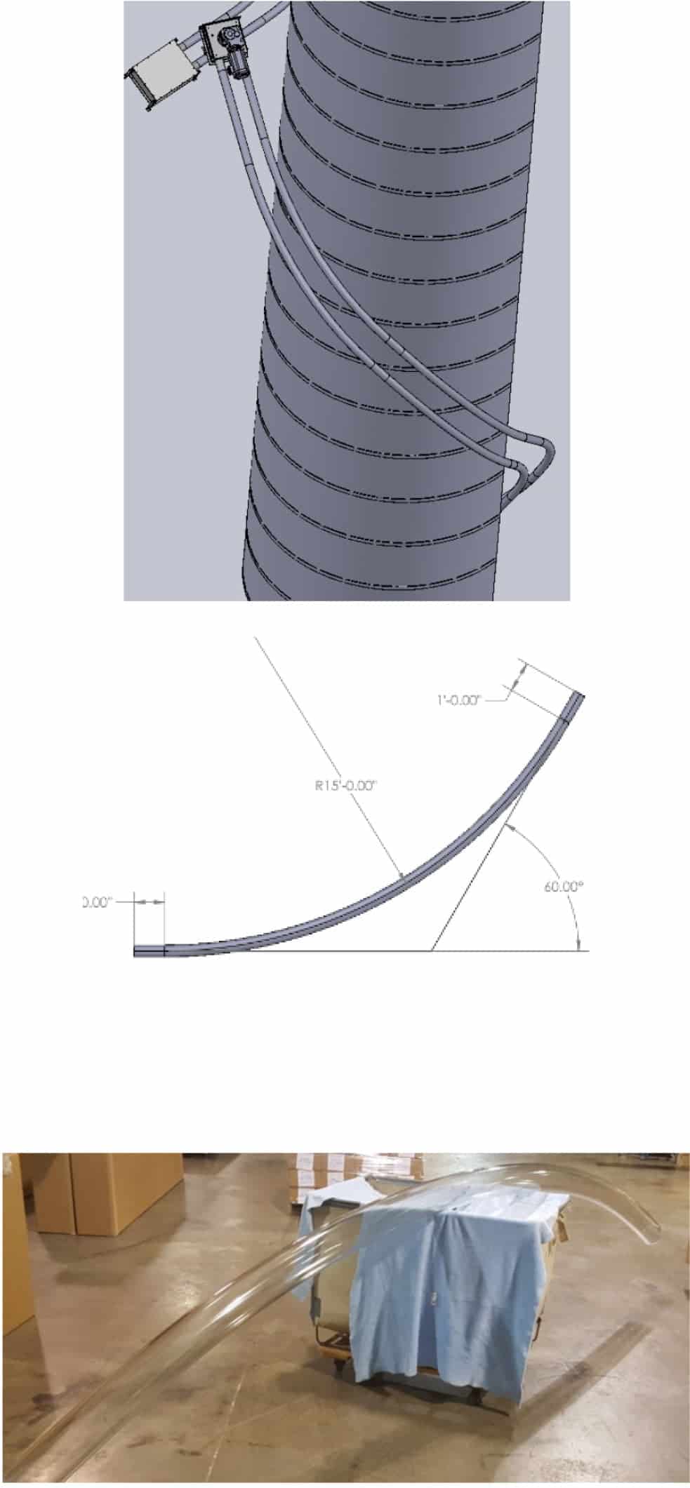 A collage of images. Top photo shows a model of the giant bend around a mock up of the silo. Middle photo shows a design schematic of the silo helix bend. Bottom photo shows the fabricated tubing bend made of provista (PETG).