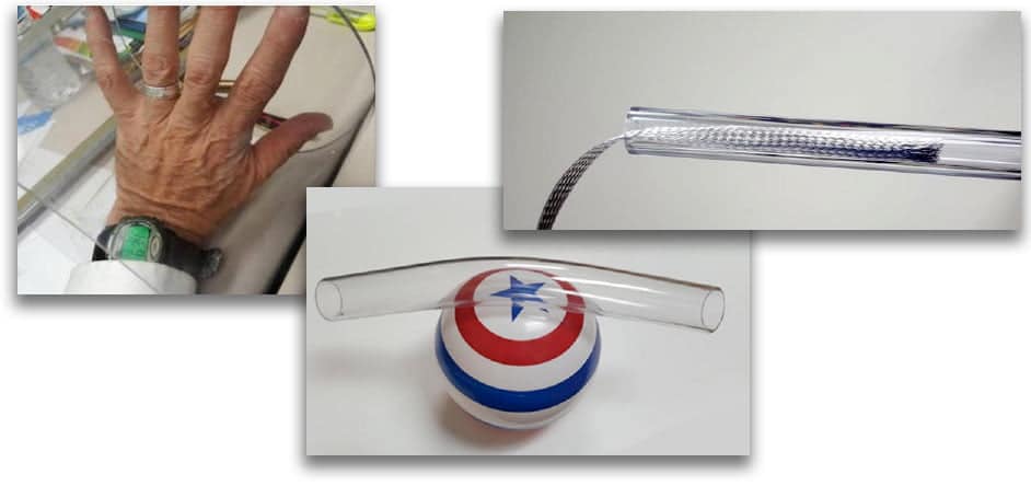 A collage of images demonstrating the clarity of Busada tubing with diverse objects placed inside tubes