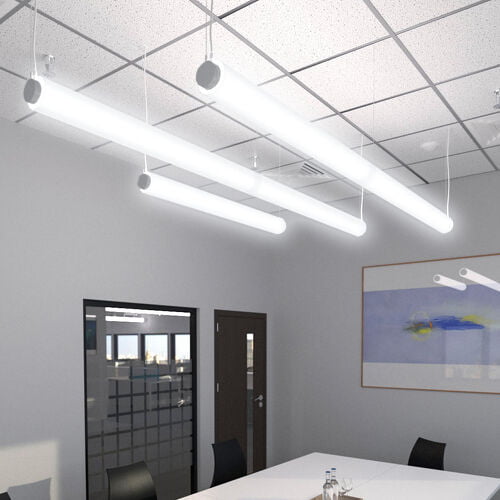 Three light fixtures made with lighting tubes in a conference room