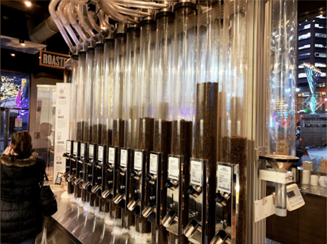 Coffee bean dispensers made from clear, pneumatic tubing.